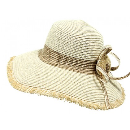 Straw Wide Brim Hats – 12 PCS w/ Frill Trim & Matching Flower - Ivory - HT-H2275IV